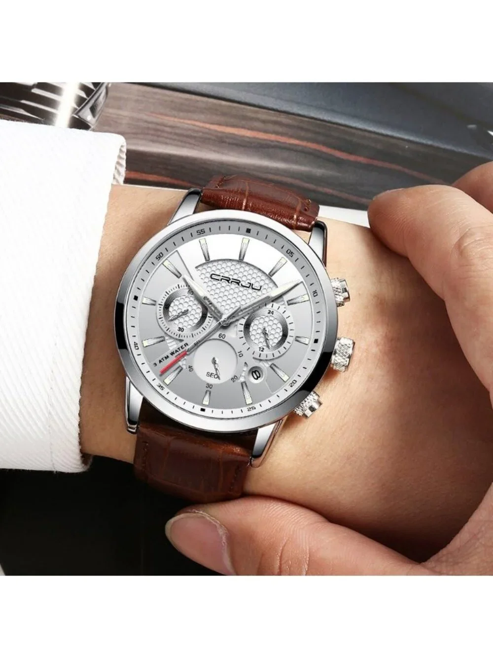 Men's Silver White Chronograph Leather Strap Quartz Waterproof Wrist Watch